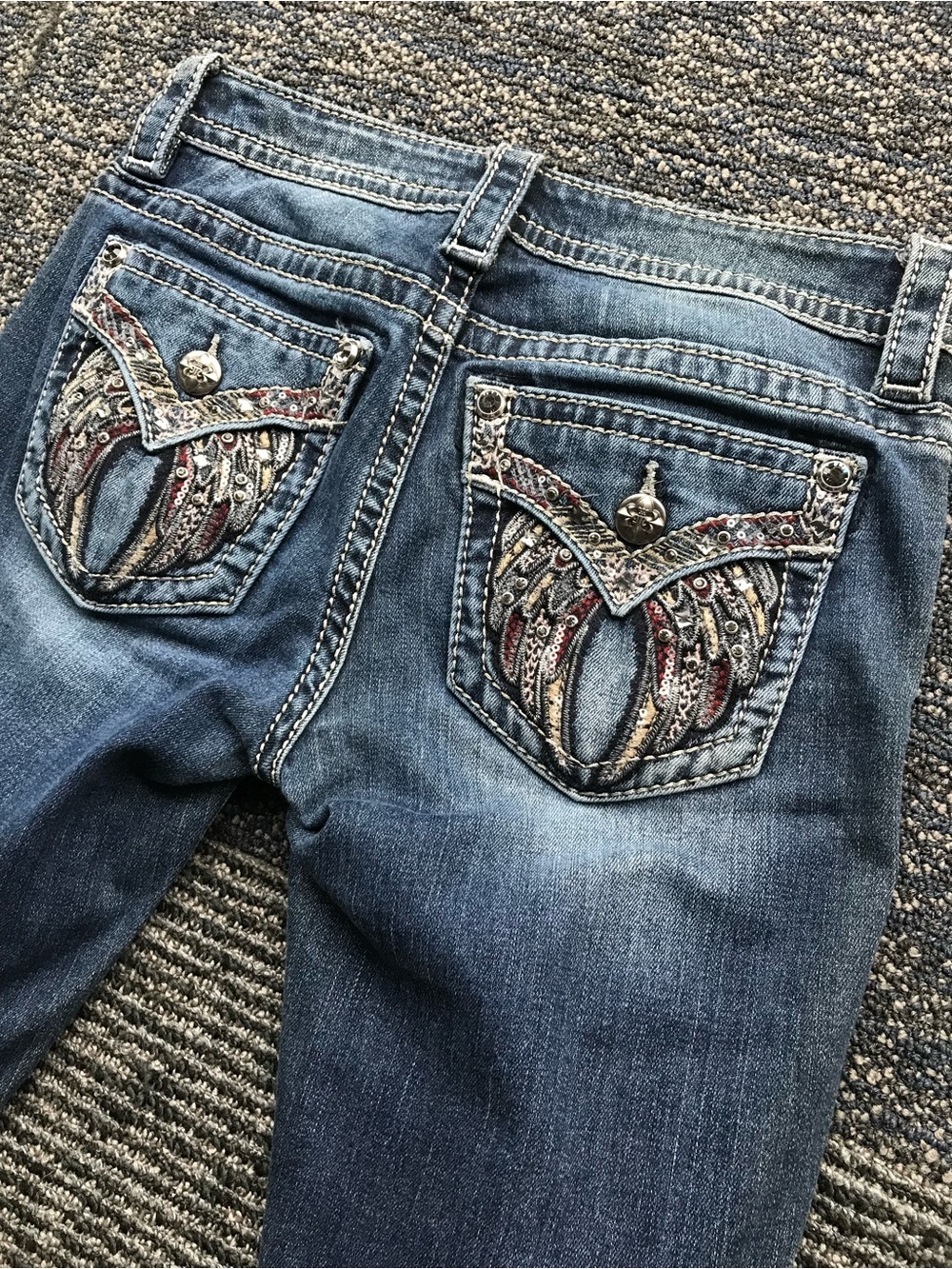 Miss Me Embroidered Dark Blue Denim Jeans with Sequin Pocket - Picture 2 of 9